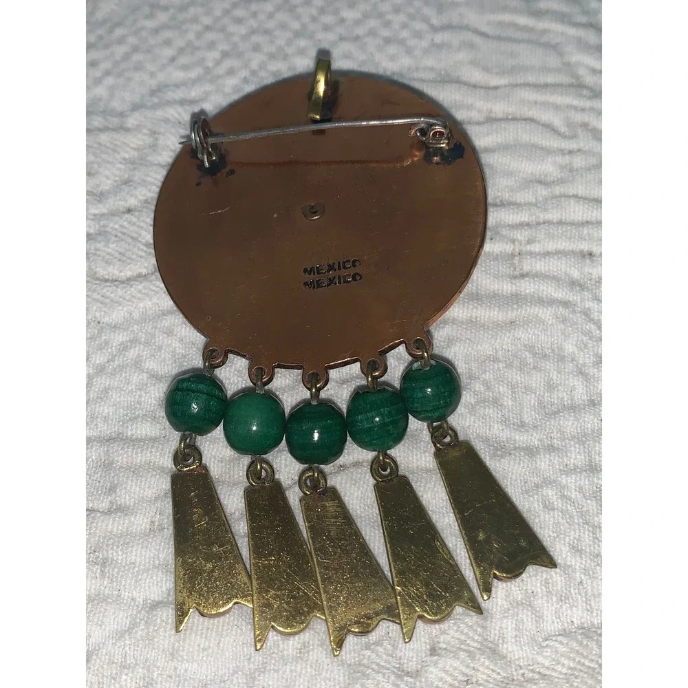Vintage Mexico Mixed Metal Copper Malachite Brooch Pendant and Earrings Set‎